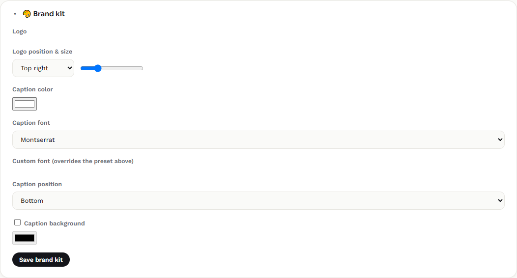 Unified's brand kit panel with logo upload, caption color, and font settings