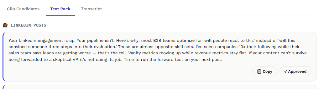 Unified's generated LinkedIn posts, newsletter blurb, and tweets