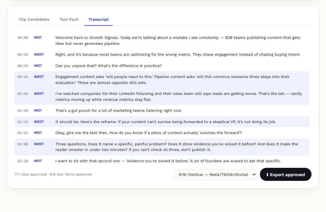 Unified's word-level transcript with clip-worthy moments highlighted
